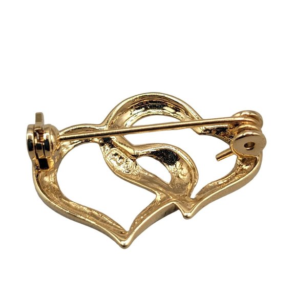 Double Hearts Brooch Interlocking Gold Tone Women's Pin Signed - Picture 2 of 2